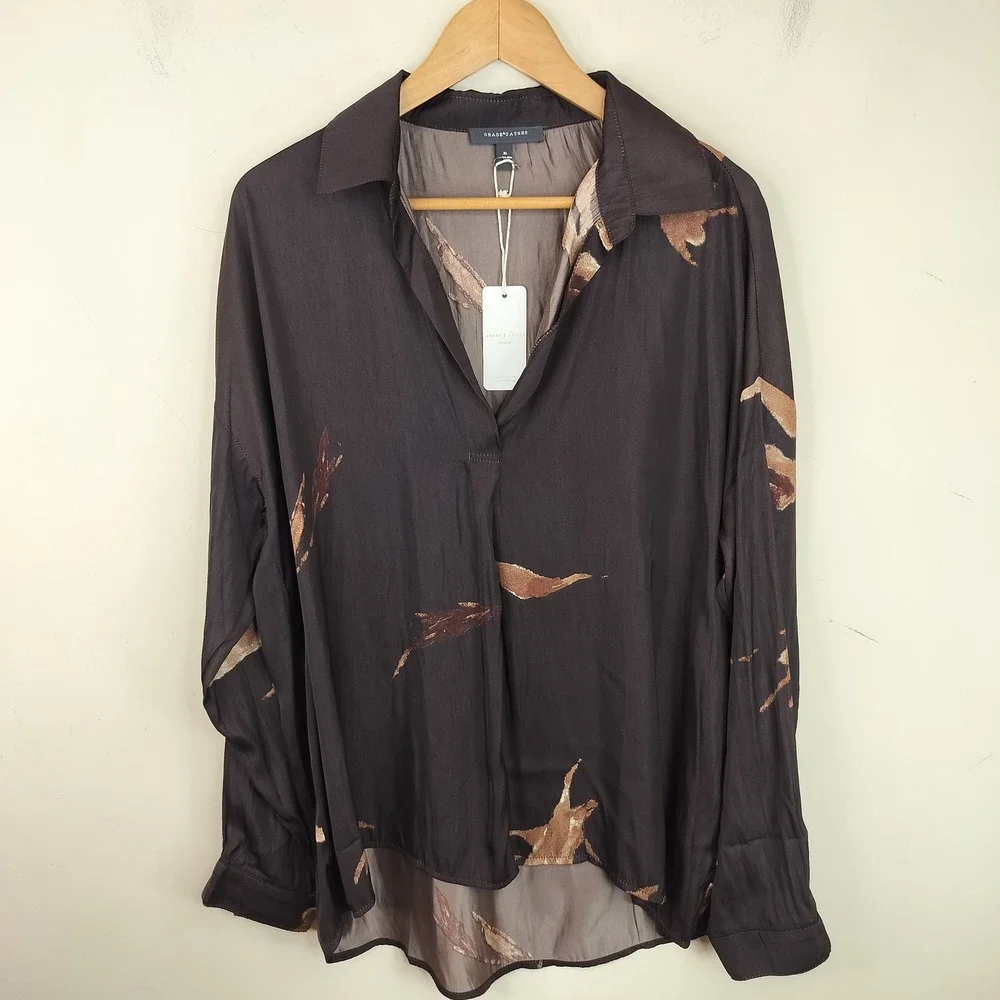 Grade & Gather Blouse Women XL Brushstroke V-Neck Long Sleeve Boho Brown Black